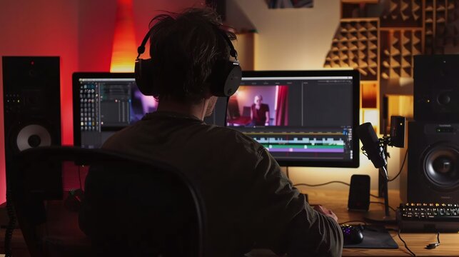 Professional freelancer editing video on computer. Home office.