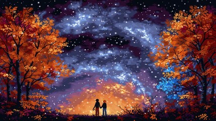 Digital art moon with the scenery digital art colorful sky view, concept of fantasy of silhouette two people with aurora view in the sky 