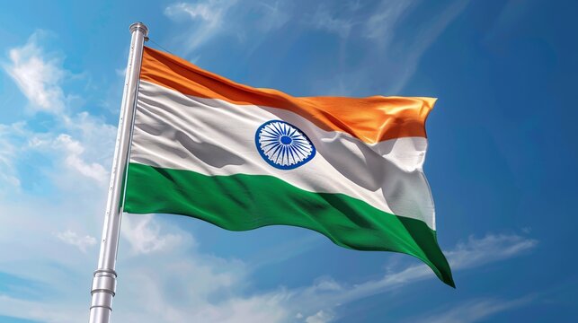 National flag of India on a flagpole waving on blue sky background.