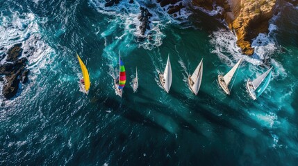 A group of sailboats is peacefully floating on the calm water, creating a picturesque scene of adventure and recreation. The electric blue sky above adds to the beauty of the event AIG50