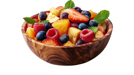 Fruit salad with yogurt in a wooden serving bowl isolated on transparent background.PNG File. 