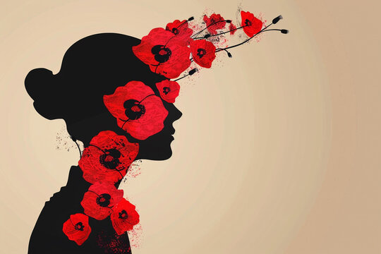 Minimalist vector design of a soldier's profile with red poppies, Memorial Day theme.