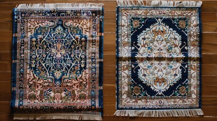Two intricately designed rectangular rugs with fringes on wooden floor