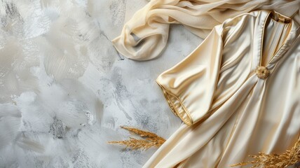 Elegant silk garment with floral brooch, draped on textured background