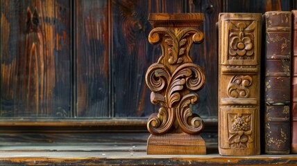 Ornate wooden bookend and carved books on shelf