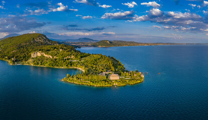 Aerial Panoramic View of Punta San Vigilio on Lake Garda with Historic Buildings and Lush Scenery