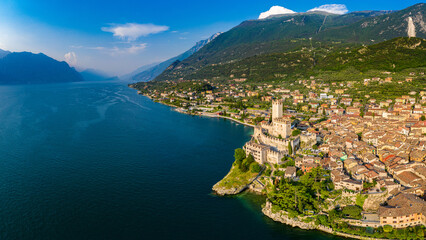 Panoramic aerial view of Malcesine on Lake Garda, Historical Architecture with Alpine Backdrop