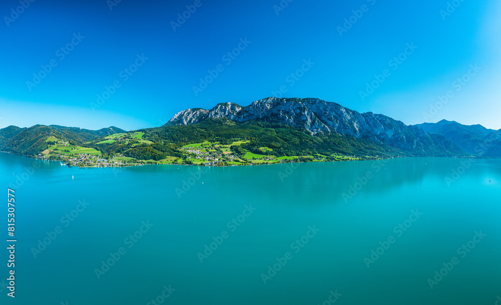 Wall mural Panoramic View of Attersee with Turquoise Waters and Austrian Alps - Wall murals