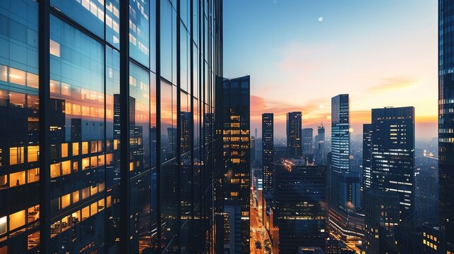 Twilight view of illuminated office buildings against the backdrop of a city skyline, evoking a sense of sophistication and progress.
