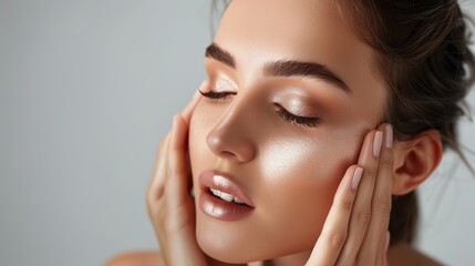 Woman applying a luminous highlighter to accentuate her features with a radiant, lit-from-within glow.