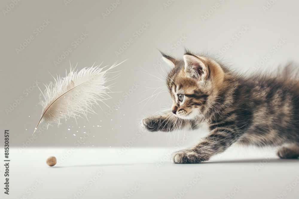 Wall mural Kitten playing with a feather and a ball - Wall murals