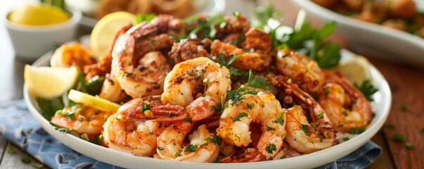 Photograph an elegant seafood platter featuring goldenbrown fried calamari, crispy shrimp, and grilled lobster tails Use garnishes like lemon wedges and fresh herbs to add pops of color