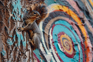 A squirrel climbs a tree adorned with vibrant street art, creating a striking blend of urban art...
