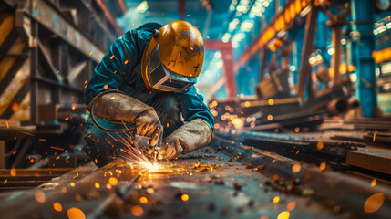 An Asian female welder works diligently in a shipyard, with sparks flying as she welds metal, showcasing her skills in a demanding profession