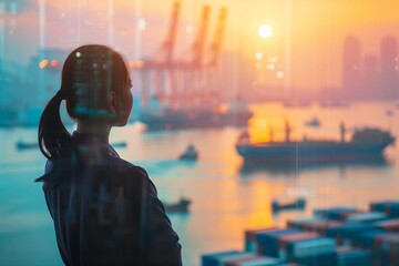 A woman with her hair in a ponytail stands by an office window, observing a busy harbor filled with ships and cranes at sunrise