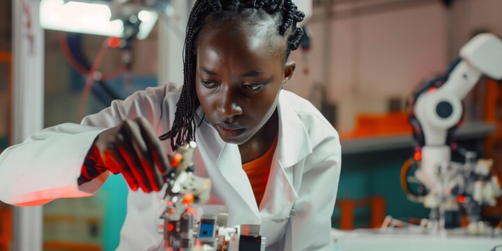 An African woman meticulously assembles a robotic arm in a high-tech laboratory, showcasing her expertise in robotics and engineering