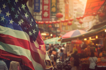 Naklejka premium Cultural fusion on Memorial Day as a praying soldier forms a vivid American flag against a bustling Asian street market backdrop.