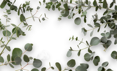 Branches with green eucalyptus leaves form a circular frame on a transparent background.