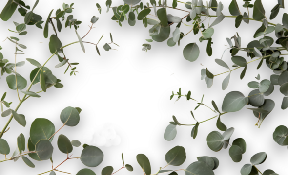 Branches with green eucalyptus leaves form a circular frame on a transparent background.