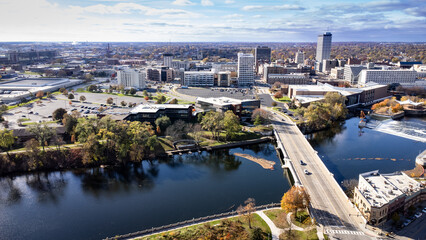 Aerial photo of downtown South Bend. South Bend is a small city located in North Indiana, also...