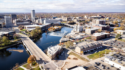 Aerial photo of downtown South Bend. South Bend is a small city located in North Indiana, also...