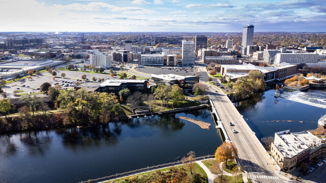 Aerial photo of downtown South Bend. South Bend is a small city located in North Indiana, also known as Michiana area