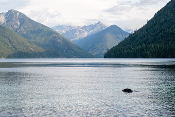 Beautiful waters of the Chilliwack Lake park clouds and mountains