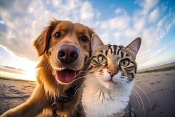 Sunny Smiles Dog and Cat Beach Selfie.