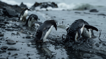 Obraz premium A group of penguins got smeared in fuel oil. An oil spill in the ocean, symbolizing the devastating impact of pollution on marine fauna