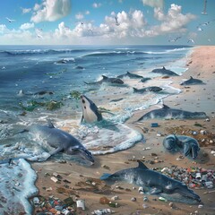 Beach Plagued by Trash. Severe Impact of Plastic Waste on the Environment, Marine Life, and Human Health