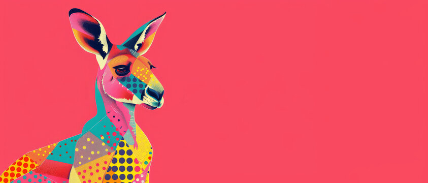 Vibrant kangaroo with polka dots on a bright pink backdrop in a playful geometric style, copy space, banner, australian mood
