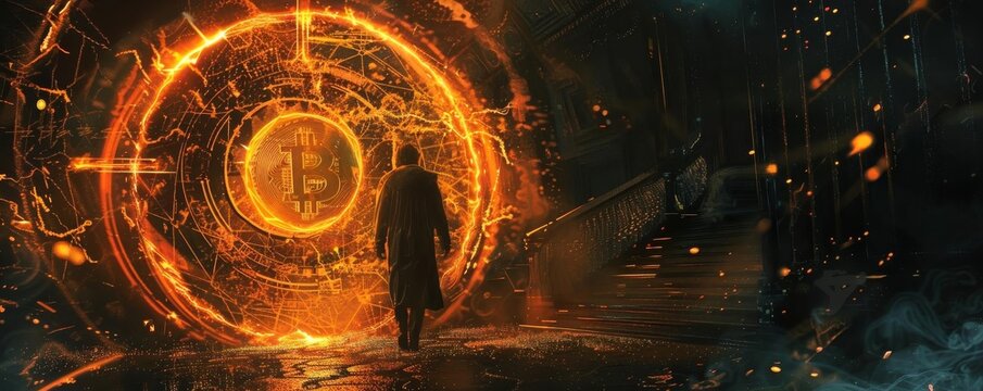 Craft a mystery novel where a detective must navigate the dark underbelly of the crypto world, following a trail of clues that lead them to a secret society using the glowing orange and black bitcoin