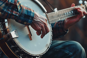 Banjo player, close up view on hand