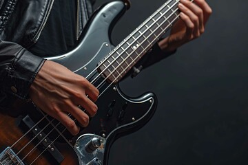 Bass guitar player, close up view on hand