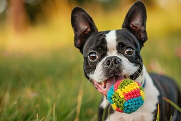 Boston Terrier, Playing fetch with a squeaky toy - Powered by Adobe