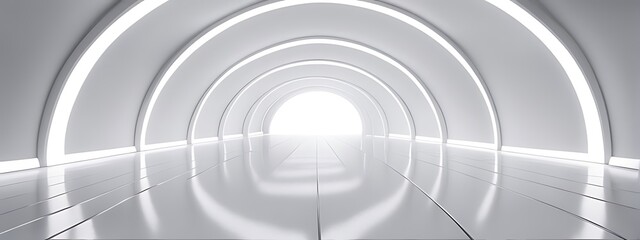 Obraz premium White background 3D room light abstract space technology tunnel stage floor. Empty white future 3D neon background studio futuristic corridor render modern interior silver road black wall design gray