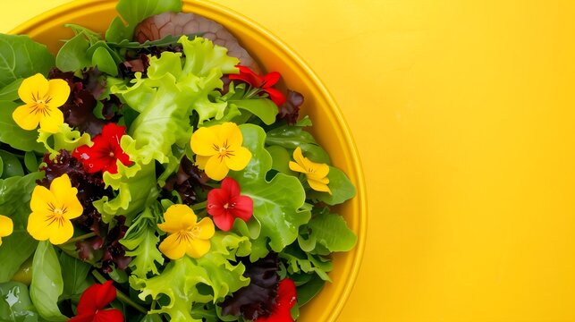 Salad with edible flowers on basic yellow background