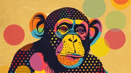 Fototapeta premium Vibrant painting of a chimpanzee in playful geometric style, adorned with polka dots, set against a bright yellow background