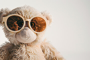 A playful scene featuring a stuffed animal wearing oversized baby sunglasses, adding a touch of whimsy against a solid white background.