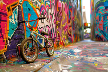 A tiny baby bicycle parked against a colorful graffiti wall in an urban alley, with vibrant street...