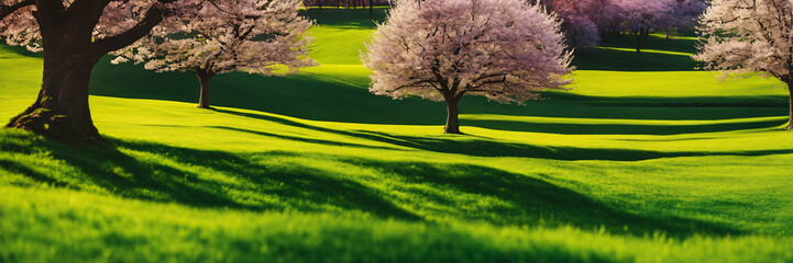 Colorful Pink Blooming Cherry Blossom Trees and Green Field of Grass