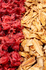 Dehydrated fruits and traditional nuts, nutritious and delicious foods: a colorful combination of vegetarian and healthy foods.