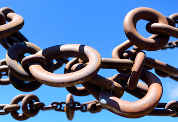 Close-up of a rusty old chain against a blue sky