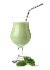 Glass of fresh spinach smoothie on white background