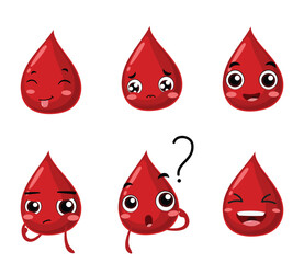 Set of Cute Red blood drop cartoon, isolated on white