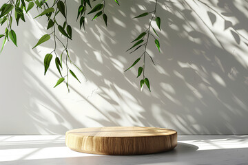 3d Wooden Podium with Green Leaves Mockup Scene. Product display stand platform. Generative AI. 