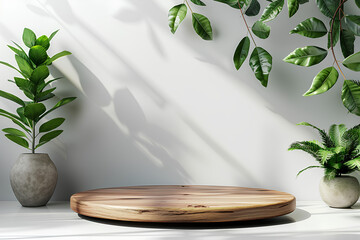 3d Wooden Podium with Green Leaves Mockup Scene. Product display stand platform. Generative AI. 