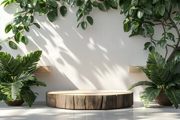 3d Wooden Podium with Green Leaves Mockup Scene. Product display stand platform. Generative AI. 