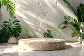 3d Wooden Podium with Green Leaves Mockup Scene. Product display stand platform. Generative AI. 