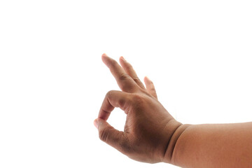 asian male hand showing the okay gesture isolated on a white background. Okay hand sign